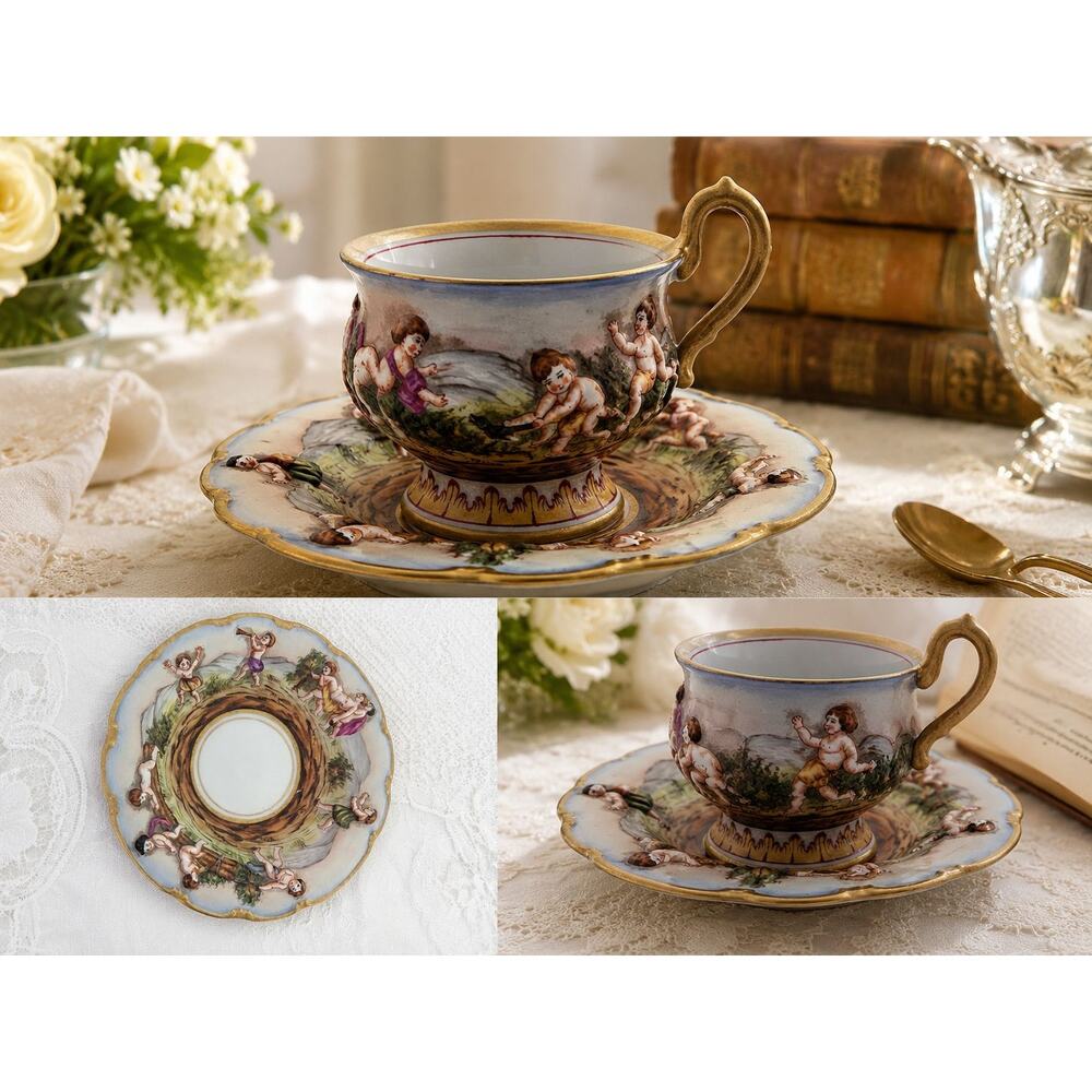 Vintage von Schierholz Capri Tea Cup Saucer Raised Cherubs Gold Gilt Painted